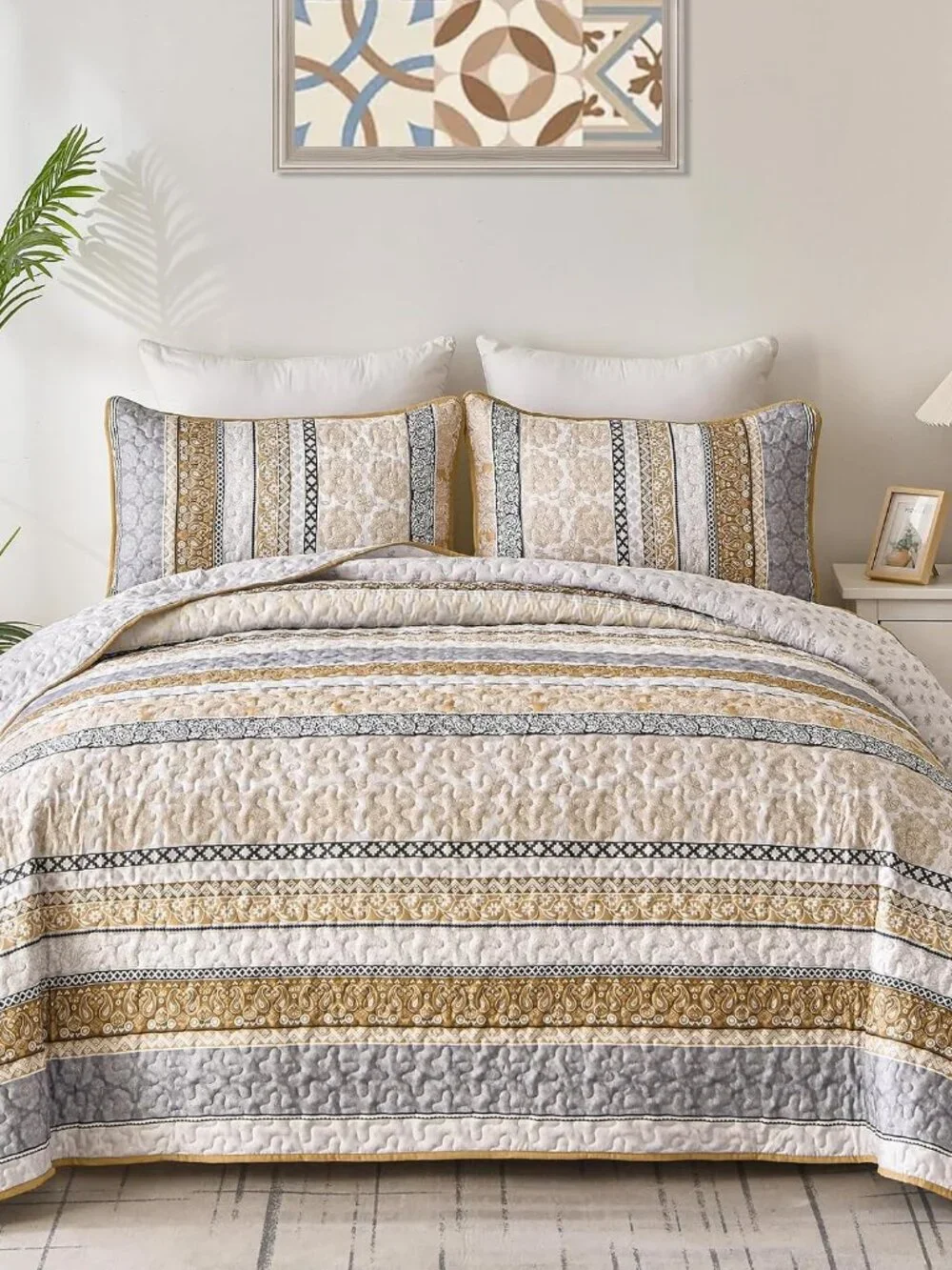 Boho Quilt Set Queen, 3 Pcs Brown Bedspread Covrtlet Set